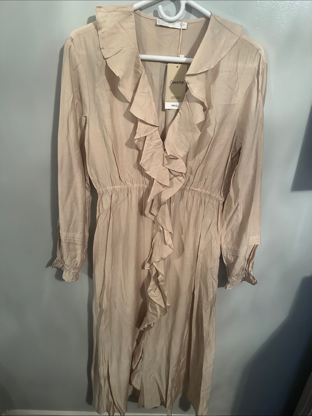 Mango Cream Ruffled Long-Sleeve Midi Dress